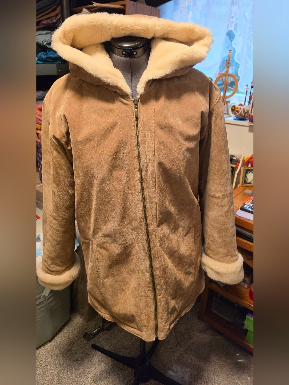 St. John's Bay 100% Leather-Suede Hooded Jacket with Cream Faux Lamb Lining.